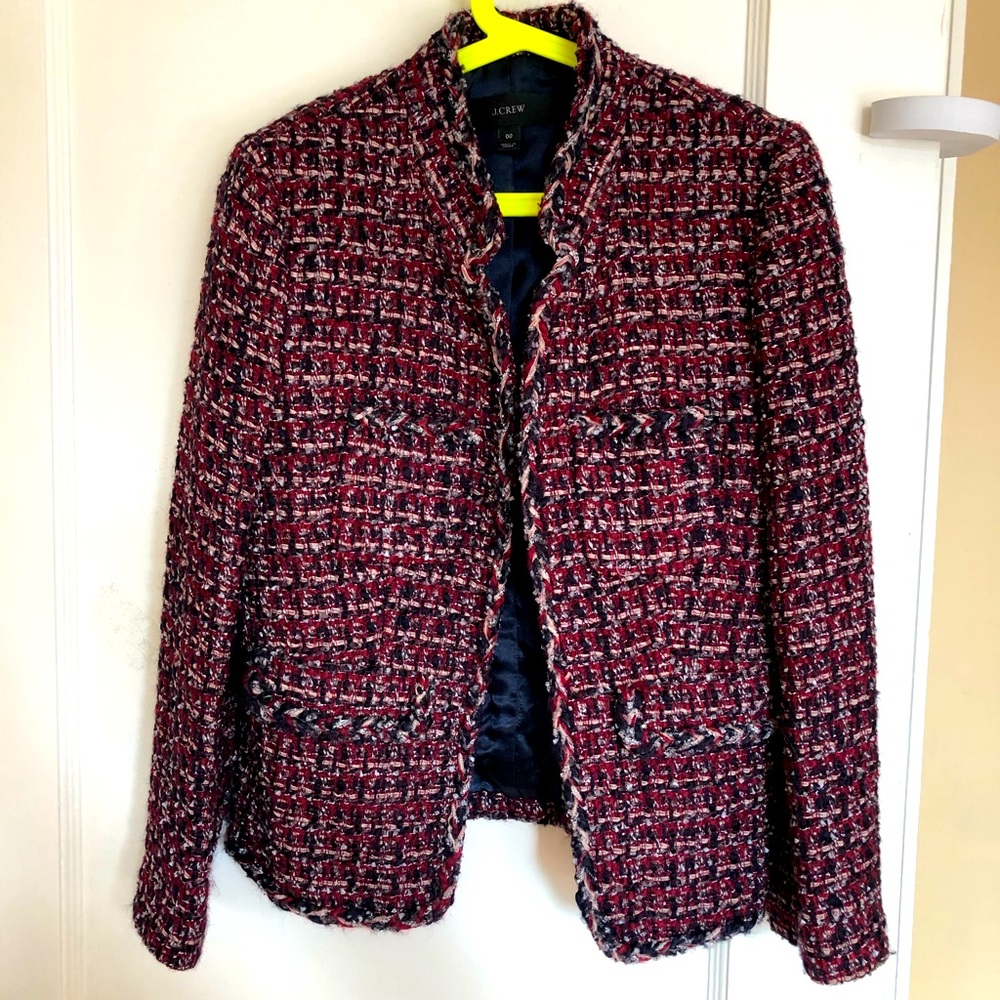 J Crew maple tweed lady jacket sz 00 (burgundy and navy blue)